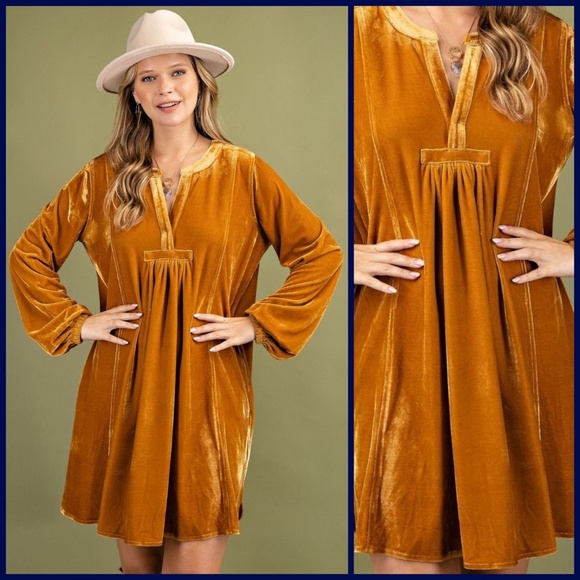 EASEL Long Sleeve Luxury Soft Velvet V-Neck Dress With Balloon Sleeve & Pockets - Picture 6 of 16